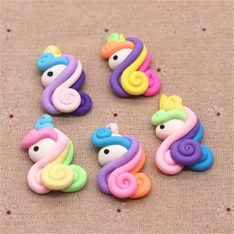 5pcs Cute Mix Colors Handmade Polymer Clay Unicorn Minature Craft DIY Hair Bow Center Accessories,about 25*38mm