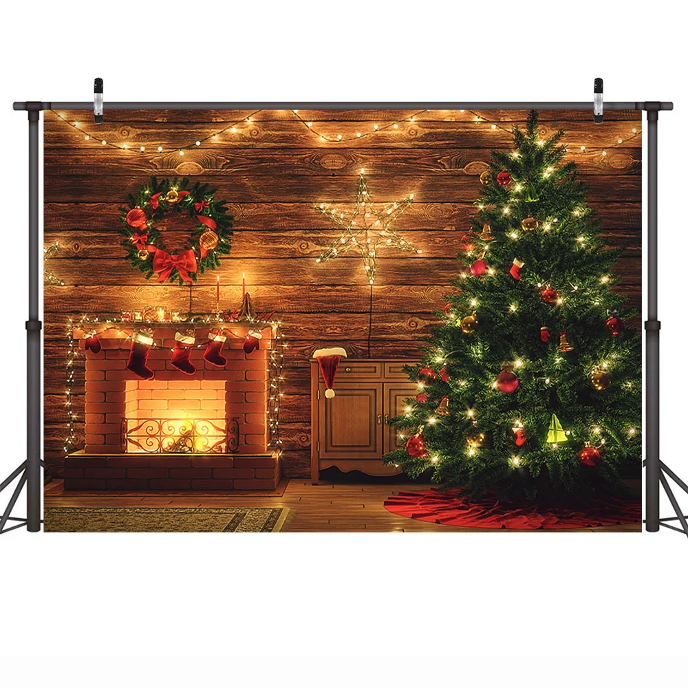 Christmas Fireplace Backdrop Photocall Christmas Tree Sock Green Wreath Background Rustic Wood Light Winter Portrait Photography