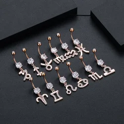 1PC Sexy Belly Button Rings 12 Birth Sign Constellation CZ Zircon Drop Navel Barbell Piercing Body Jewelry For Women Girls