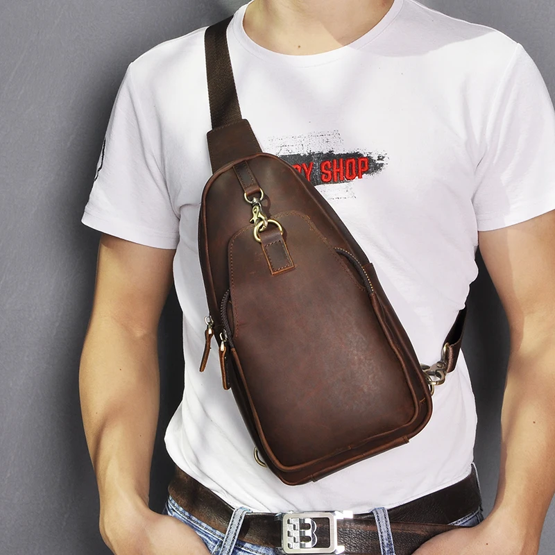 Men Crazy Horse Leather Casual Fashion Chest Sling Bag 8