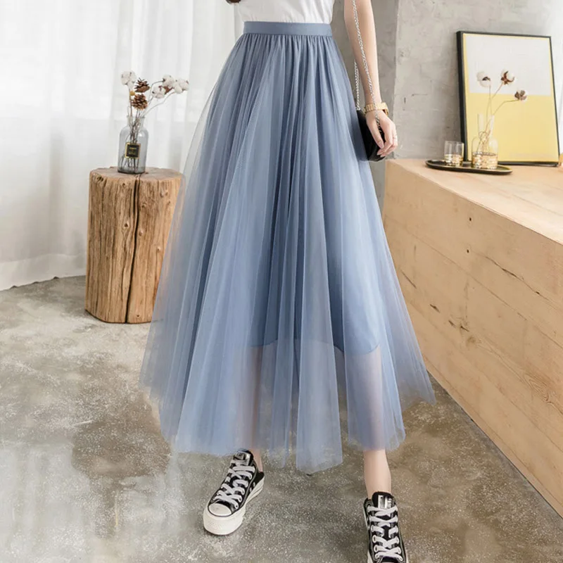 Pink Gray 98cm Long Maxi Ankle Length Tulle Skirt Womens 2022 New Spring Summer High Waist Pleated School Mesh Tutu Skirt Female