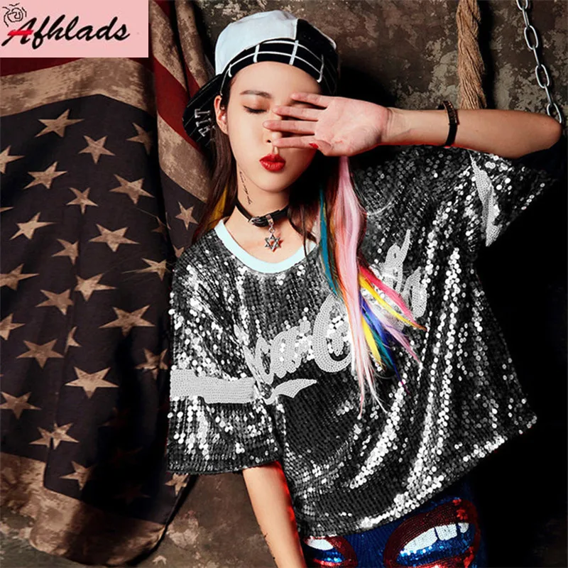 Sequined Hip Hop Streetwear T-Shirt Women Loose New Stitching Short Sleeved Female Letter Print Night Club T-Shirt