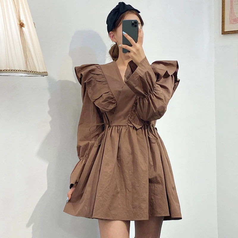 

New Women Sweet V-Neck Flare Sleeve Dresses Female Korea Style Ruffles Ladies Shirt Dress