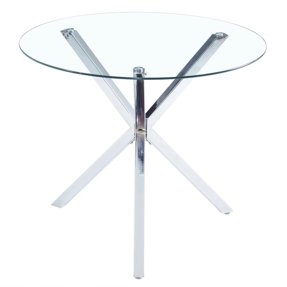 90*90*75cm Round Glass Dining Table Coffee Table  Transparent Glass Table Leg Cross Design（only table）US Table