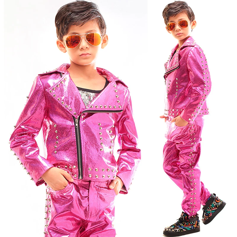 Jazz Dance Costume Boys Hip Hop Clothes Leather Rivet Jacket Pants Street Dance Performance Outfit Shining Stage Suit DNV14077