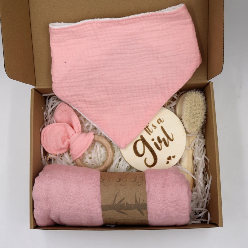 100% Organic Cotton baby bath brush set toy bunny teether rattle milestone new born Gift Sets With Gift Box