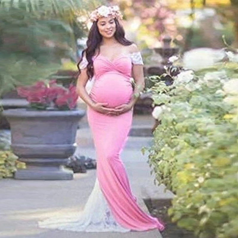 

Maternity Dresses For Photo Shoot Shoulderless Stretchy Pink Cotton Pregnant Long Dress Gown Jersey Pregnancy Clothes Plus Size