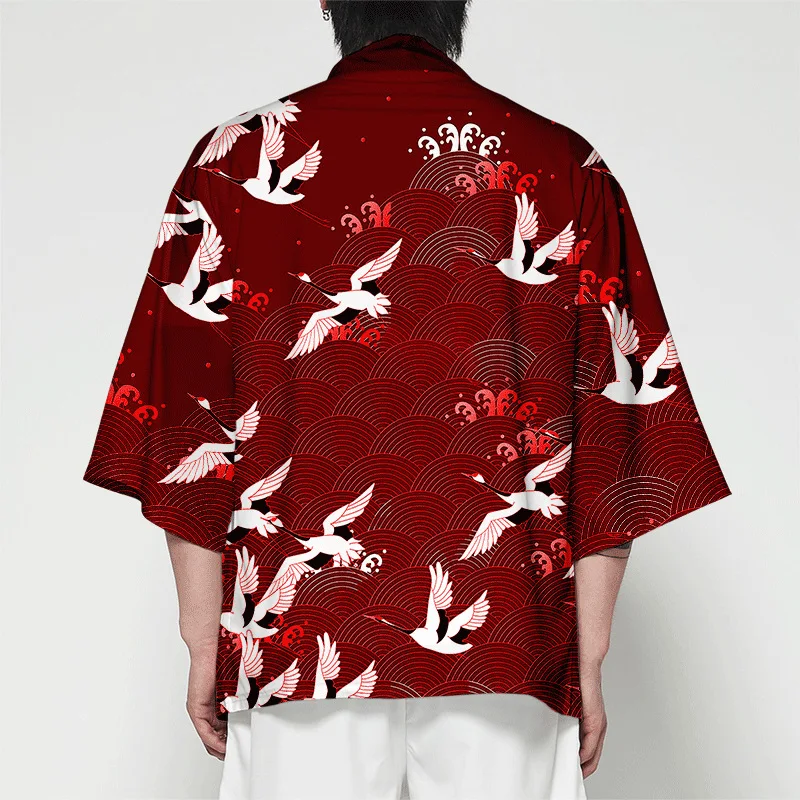 Plus Size 6XL 5XL 4XL 3XL Red Crane Print Loose Japanese Cardigan Women Men Harajuku Kimono Cosplay Tops Blouse Yukata Clothing