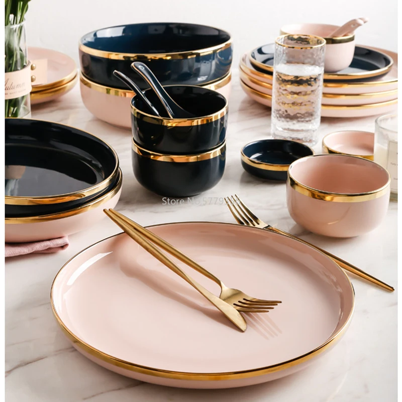 Pink Black Gold Inlay  Ceramic Dinner Plate Tableware Porcelain Bulk Serving Dishes Home Wedding Decorative Dinnerware