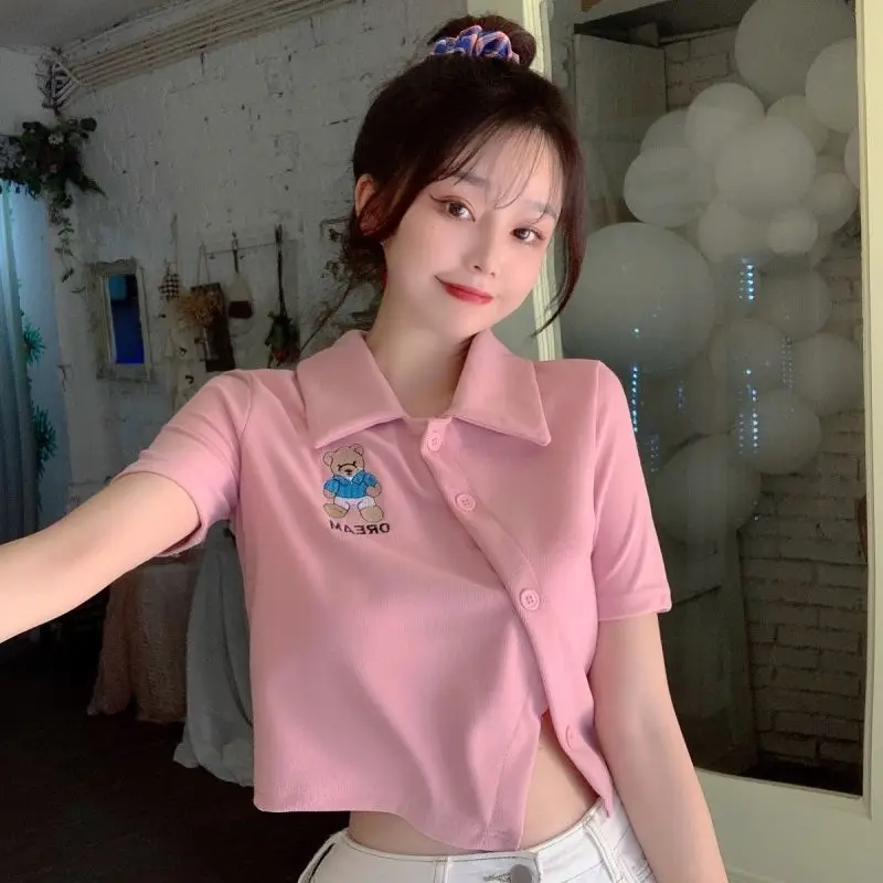 

Super Short PoLo Shirt Summer Casual Short T Shirt Korean Style Harajuku Cute Teddy Bear Embroidered T Shirt Women's T Shirt Top