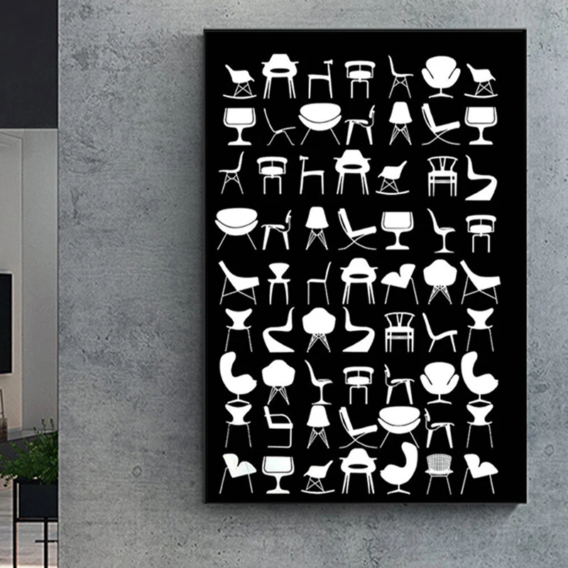 Chair Poster - History of Chairs - Retro Chairs - Furniture Art - Chair silhouettes - Iconic chairs - Barcelona eames chairs Can