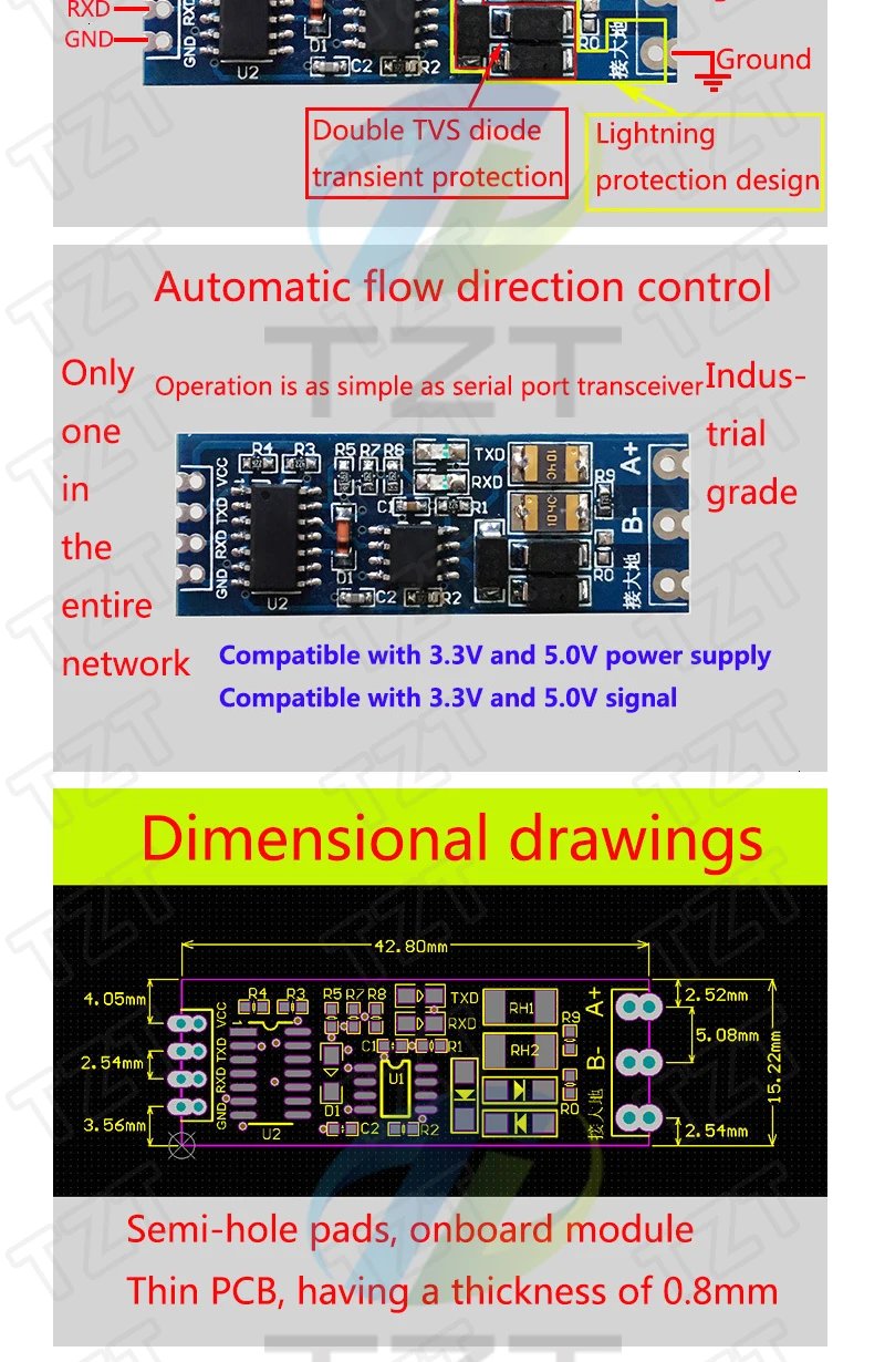 TZT TTL Turn To RS485 Module Hardware Automatisches Flow Control Modul Serielles UART Level Gegenseitige Konvertierung Stromversorgungsmodul – Detail 3