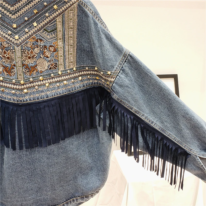 Denim Jacket Floral Embroidery Suede Fringe Loose Denim Coat Chaquetas Mujer Coat Long Sleeve Outerwear Women Vintage Streetwear