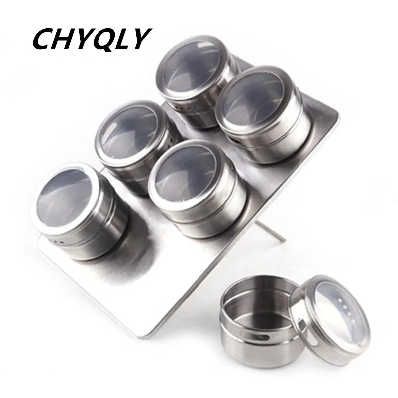 Hot Sale 6 Pcs Stainless Steel Magnetic Salt shaker salt Pepper Set spice Cruet Condiment Box Cooking Seasoning Bottle Tools