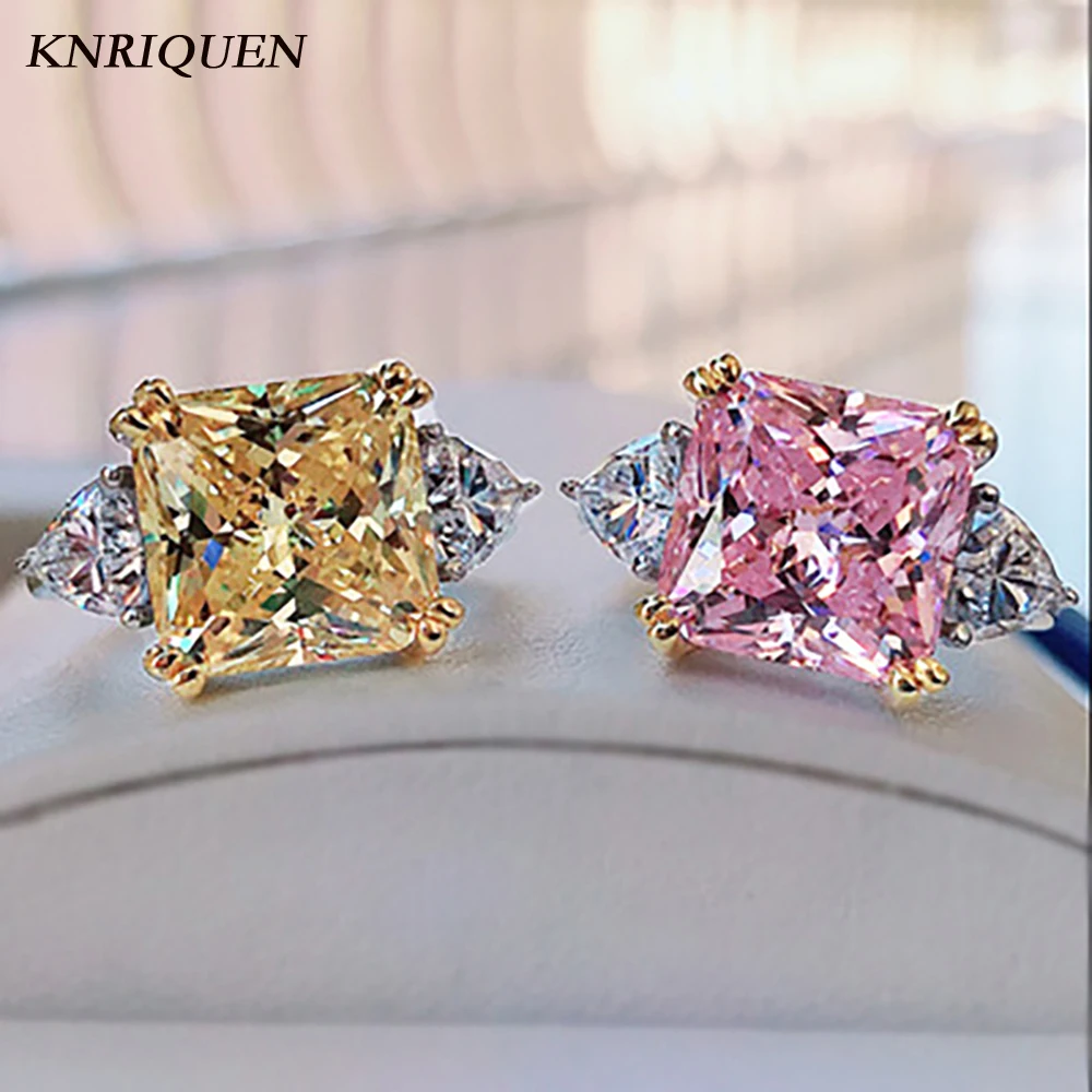 

2021 Trend 925 Sterling Silver Luxury 10*10MM 5CT Princess Square Pink Quartz Topaz Lab Diamond Wedding Engagement Women's Rings