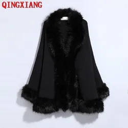 Wedding Party Dress Poncho Shawl Cape Big Faux Fox Fur Collar Embossed Cloak Open Stitch Loose Knitwear Outer Streetwear Coat