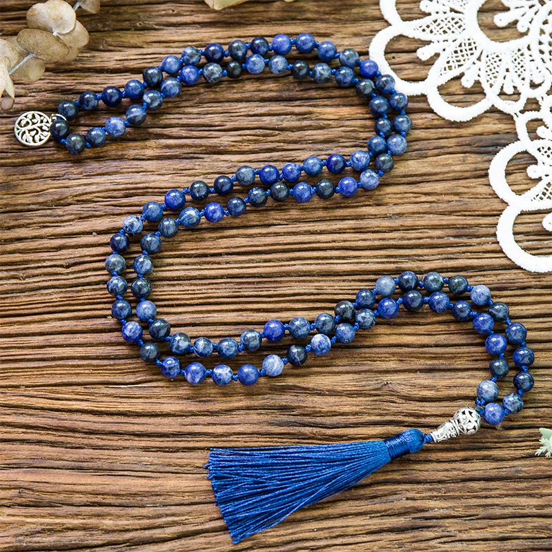 108 Mala Natural Sodalite  Handmade Beaded Knot Meditation Yoga Big Buddha Head Tassel Long Necklace