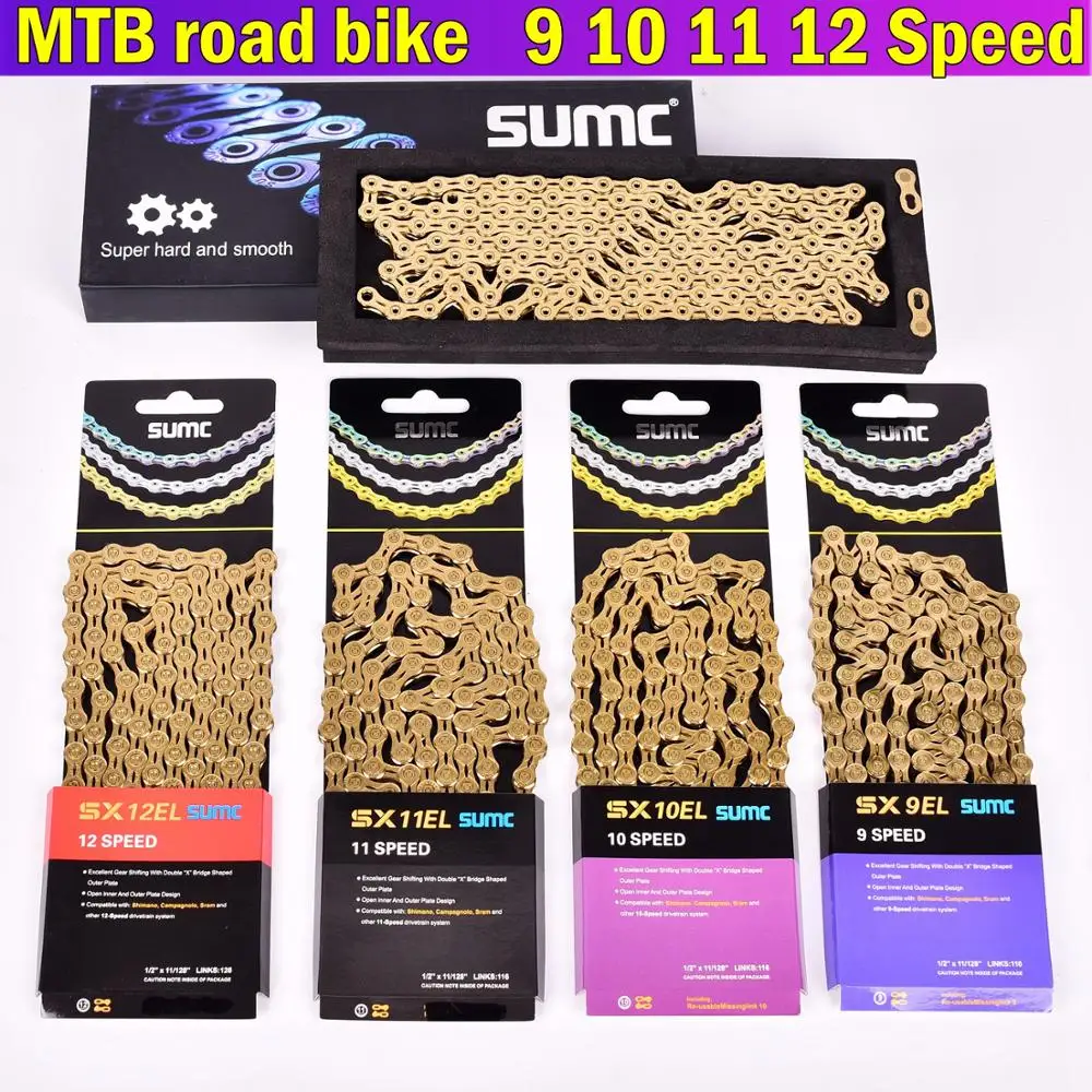 SUMC MTB Road Bike Chain 9 10 11 12 Speed SL Golden Gold Chain 116L 126L Hollow Gold Chain With missinglink For Shimano Sram