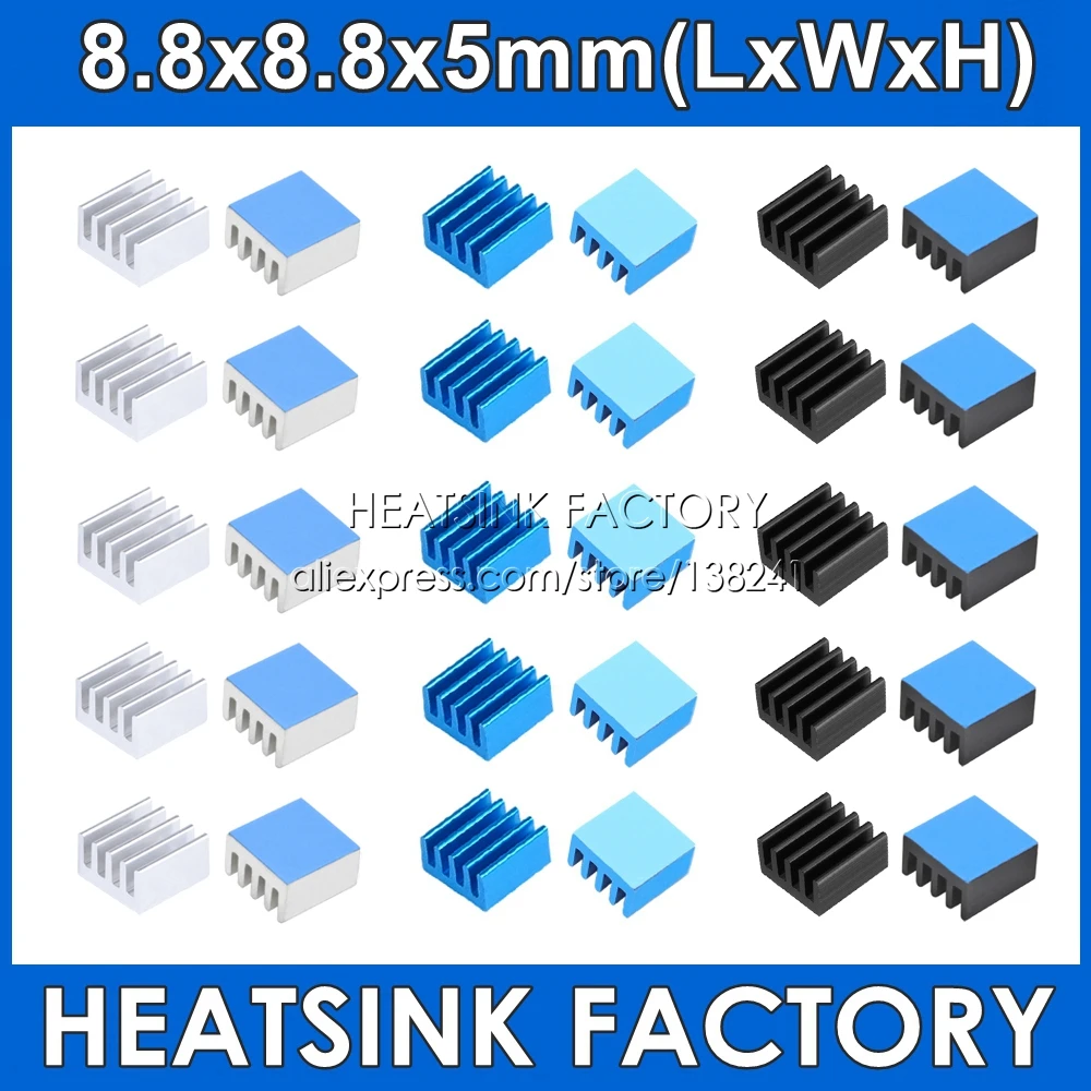 8.8x8.8x5mm Silver / Black / Blue Aluminum Cooling Heat Sink Cooler With Thermal Double Sided Pad Heat Dissipation Radiator