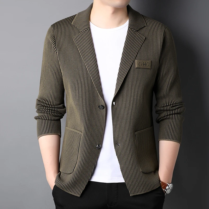 Chaqueta ajustada de alta calidad para hombre, traje de punto elegante, a rayas, informal, 2023