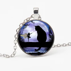 Vintage Glamour Necklace Fairy Black Cat Photo Tibet Convex Round Glass Pendant Chain Necklace Woman Man Gift Souvenir