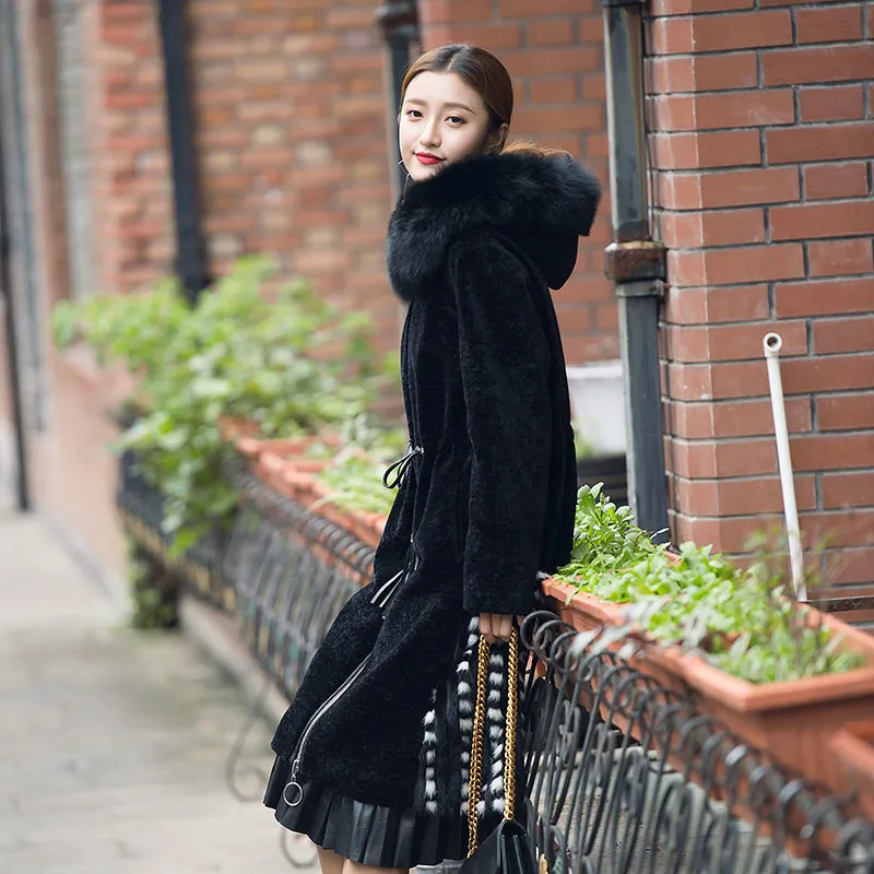 

Fox Collar Winter Real Fur Coat Women Hooded Shearing 100% Wool Jacket Long Overcoat Abrigo Invierno Mujer F8808 KJ3180