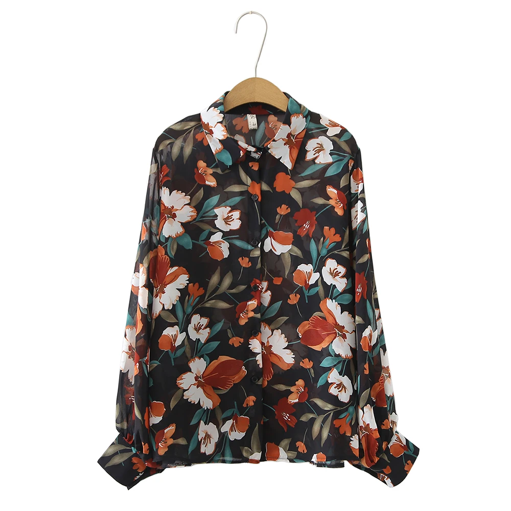 2021 Spring &Summer Woman Loose Sweet Flower Printing Lantern Sleeve Sunscreen Shirt