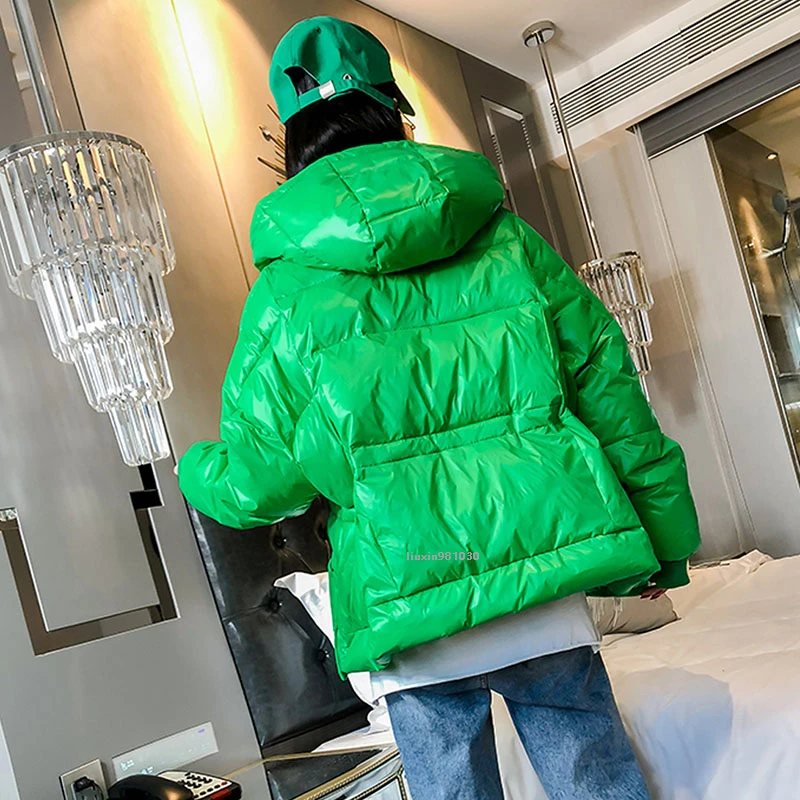 2022 Winter Warm Snow Women Parka Hooded Windproof Loose Cotton Jacket Glossy Down Parka Women Coat Green/yellow/black/white