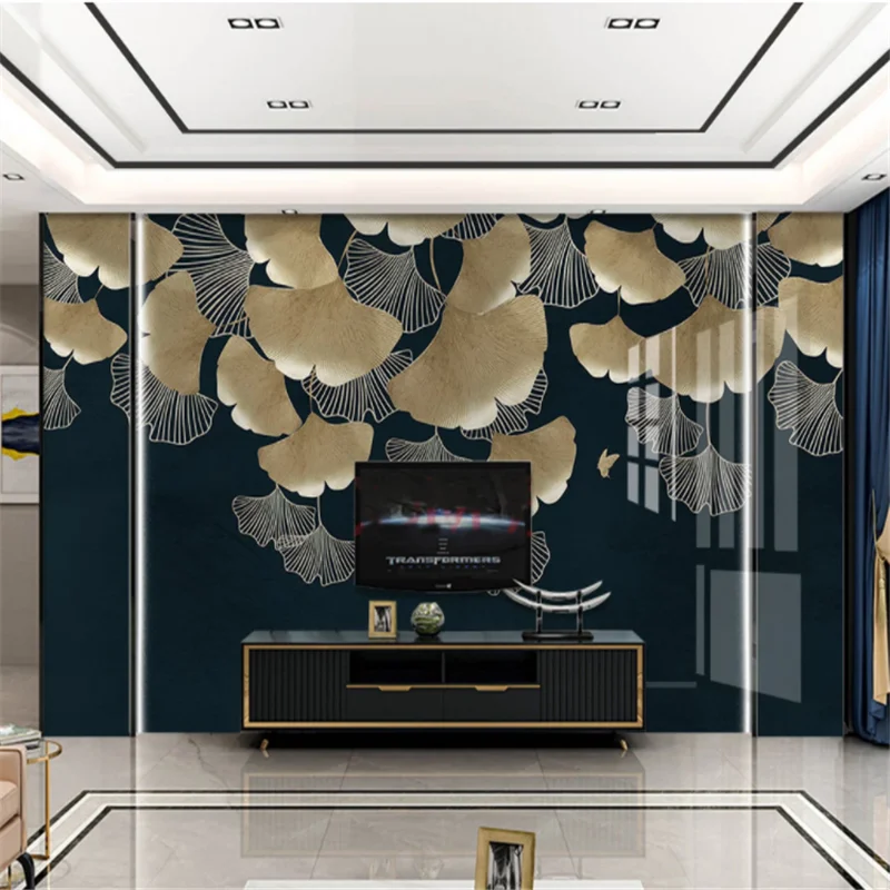 

Custom Mural Wallpaper Modern Golden Plant Ginkgo Leaf Tv Living Room Background Wall Painting