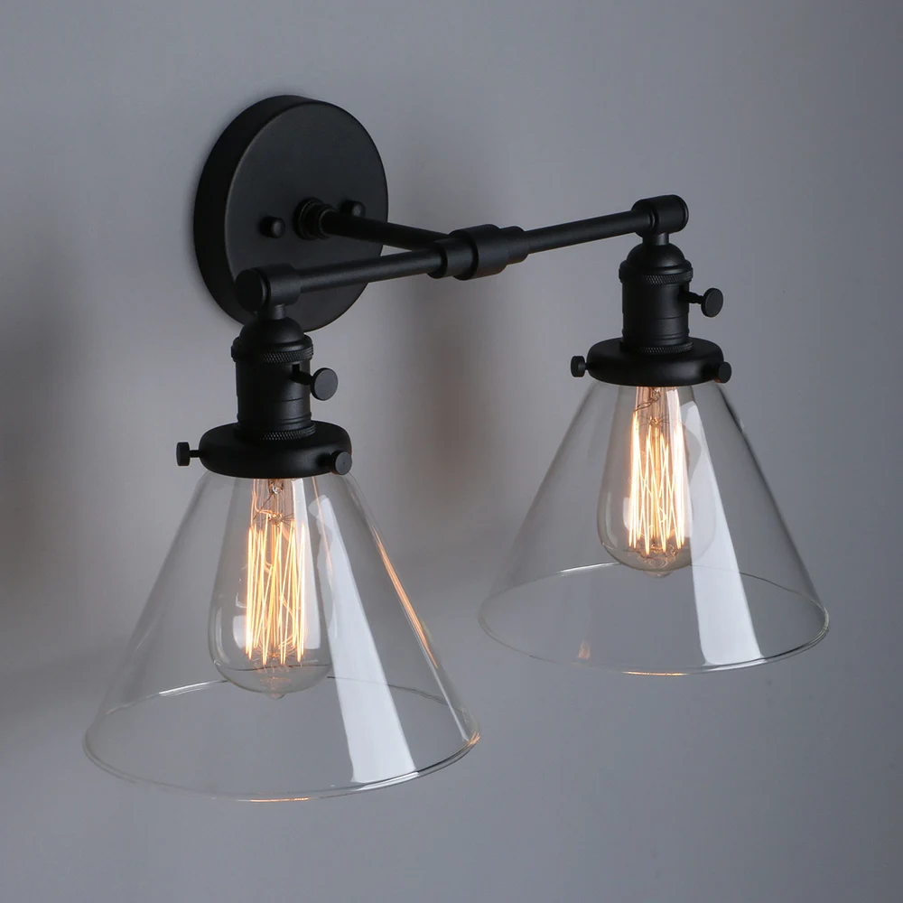 Permo Dubbele Blaker Licht Industriële Wandlamp Met Dual 7.3 Inch Cone Helder Glas Lampenkap