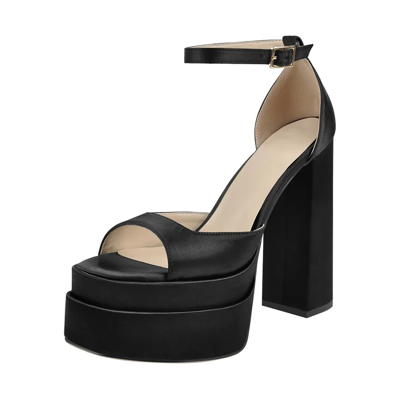 Onlymaker Women Ankle Buckle Sandals Satin Round Toe Platform Chunky High Heels Fashion Party Concise Shoes