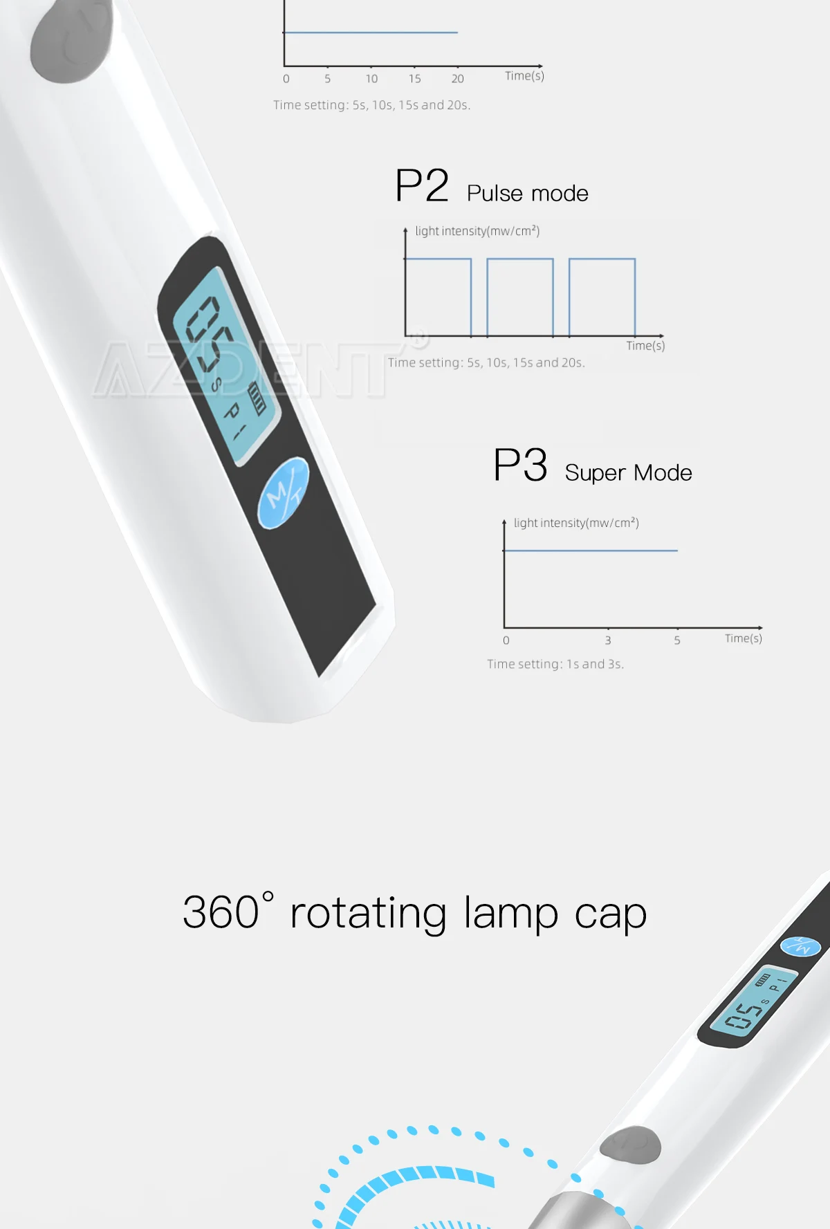 AZDENT Dental-LED-Härtungslicht, 1 Sekunde, Heilungslampe, 2 mm Harz, 1200–1400 mW/cm2, kabelloser Metallkopf, 3 Modelle einstellbar – Detail 5