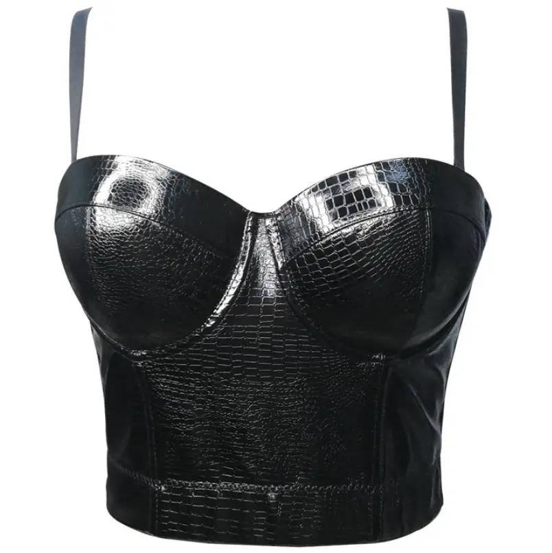 Crocodile pattern bustier bra embossed PU leather camisole women summer outer wear sexy Crop top corset backless nightclub tanks