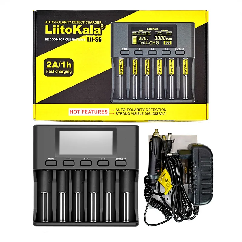 

LiitoKala Lii-S6 18650 Lithium battery Charger 6-Slot Auto-Polarity Detect For 3.7V 26650 21700 32650 1.2V AA AAA Batteries