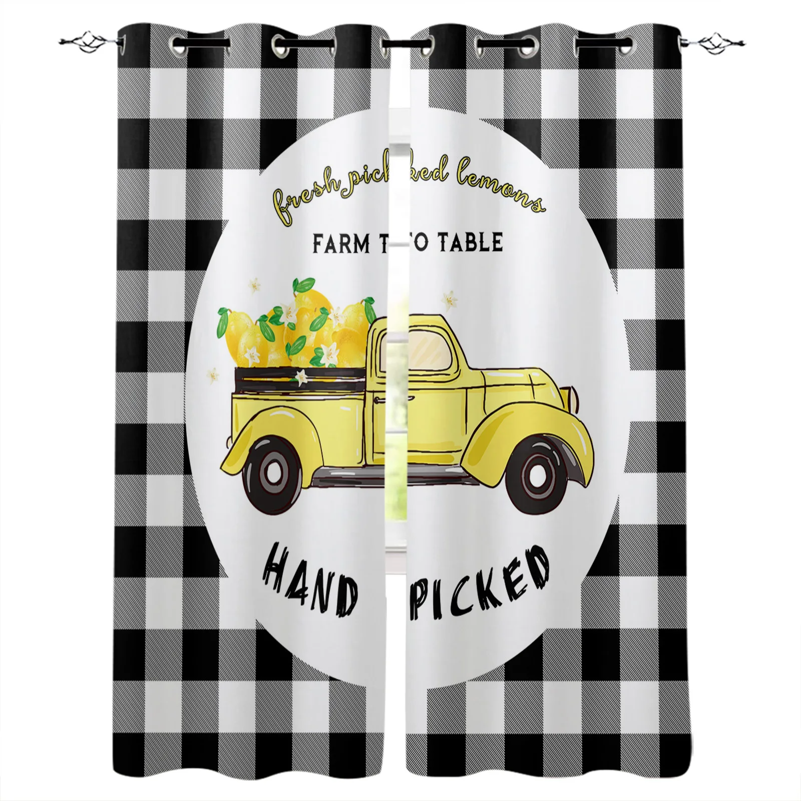 

Lemon Truck Black And White Plaid Blackout Curtains For Bedroom Blinds Drapes Window Curtains For Living Room High Shading