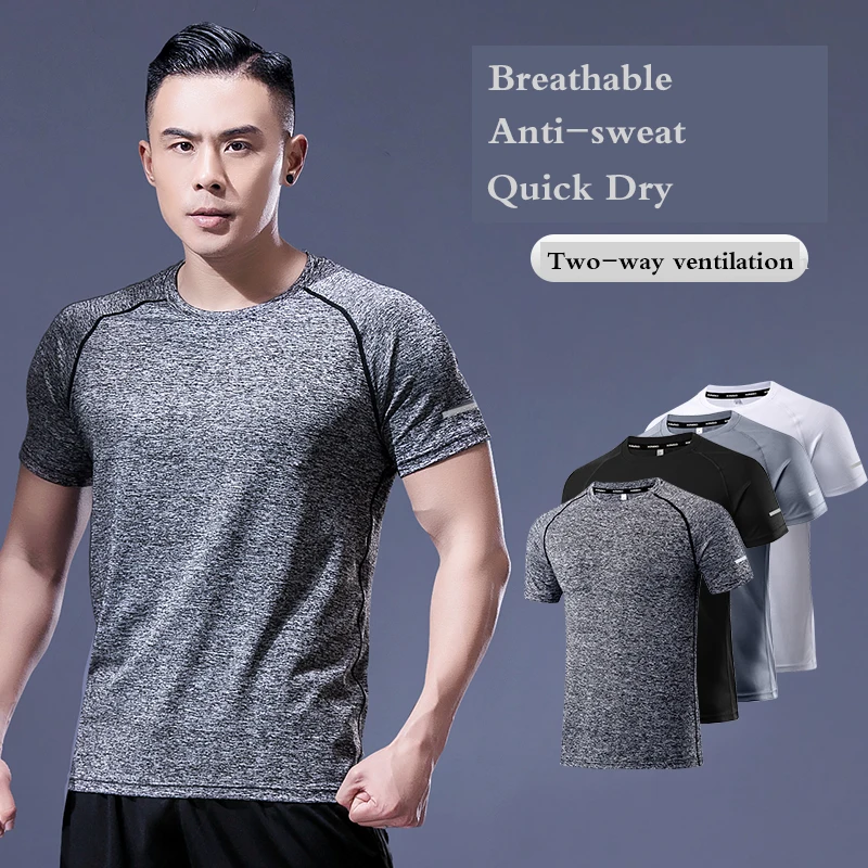 Running Shirt Dry Fit Gym Shirt Men Breathable Sports Training Quick Drying Elastic Exercise Fitness Gym Short Sleeve Reflective