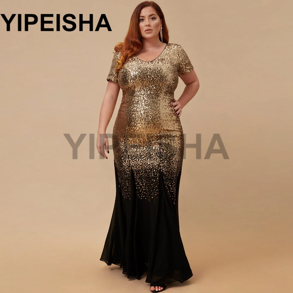 V-neck manga curta sem costas plus size vestidos de noite sereia glittery lantejoulas contraste cor oversize vestido de festa de formatura