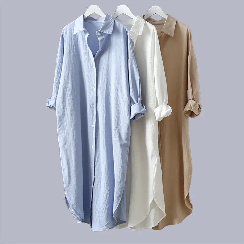 Blosue Áo Sơ Mi Nữ Cotton Chất Lượng Cao Áo Xuân Hè Dài Tay Áo Sơ Mi Trắng Rời Nữ Casual Nữ Cao Cấp