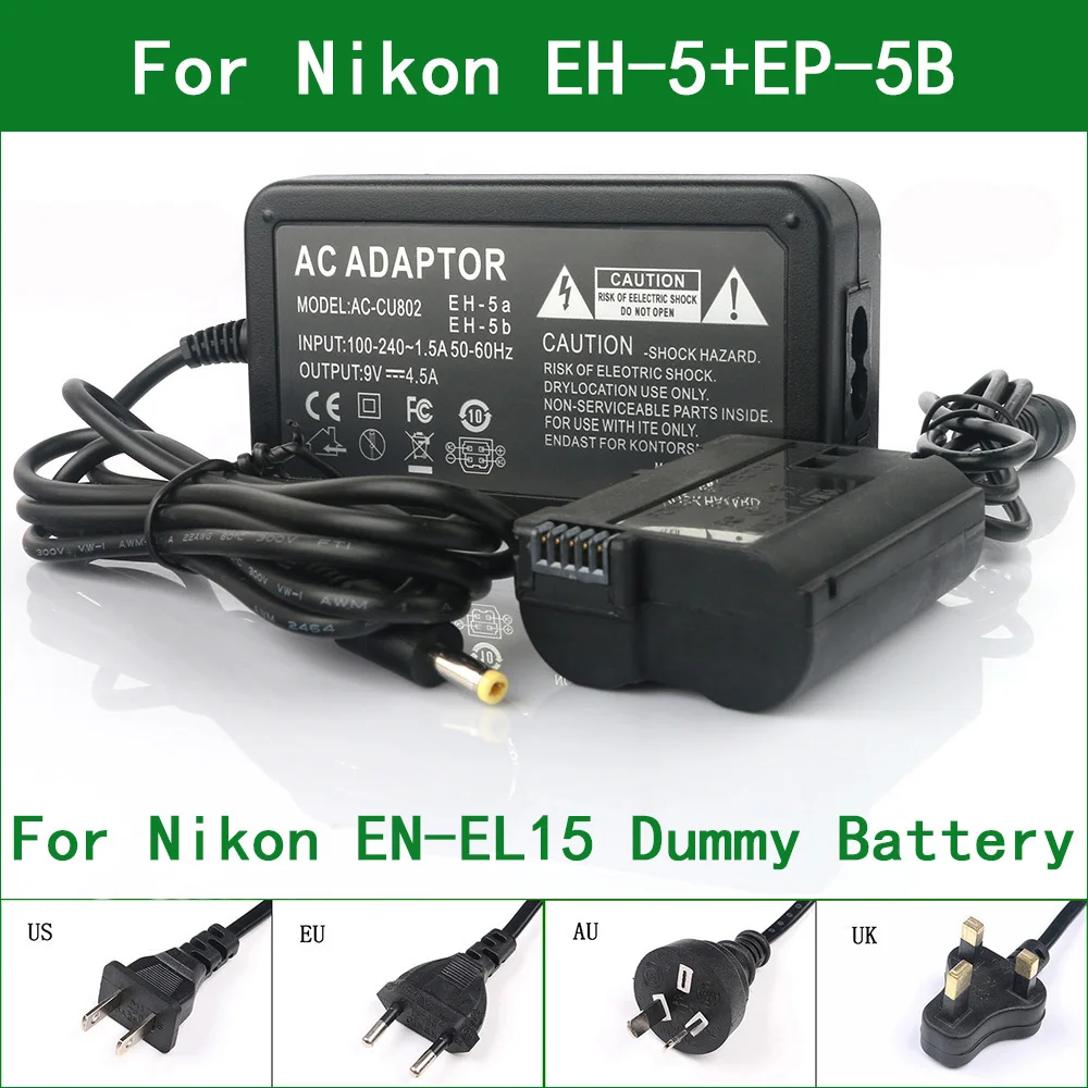 

EH-5 + EP-5B DC Coupler EN-EL15 Dummy Battery AC Power Adapter For Nikon D800 D810 D850 D7000 D7100 D7200 Z5 Z6 Z7