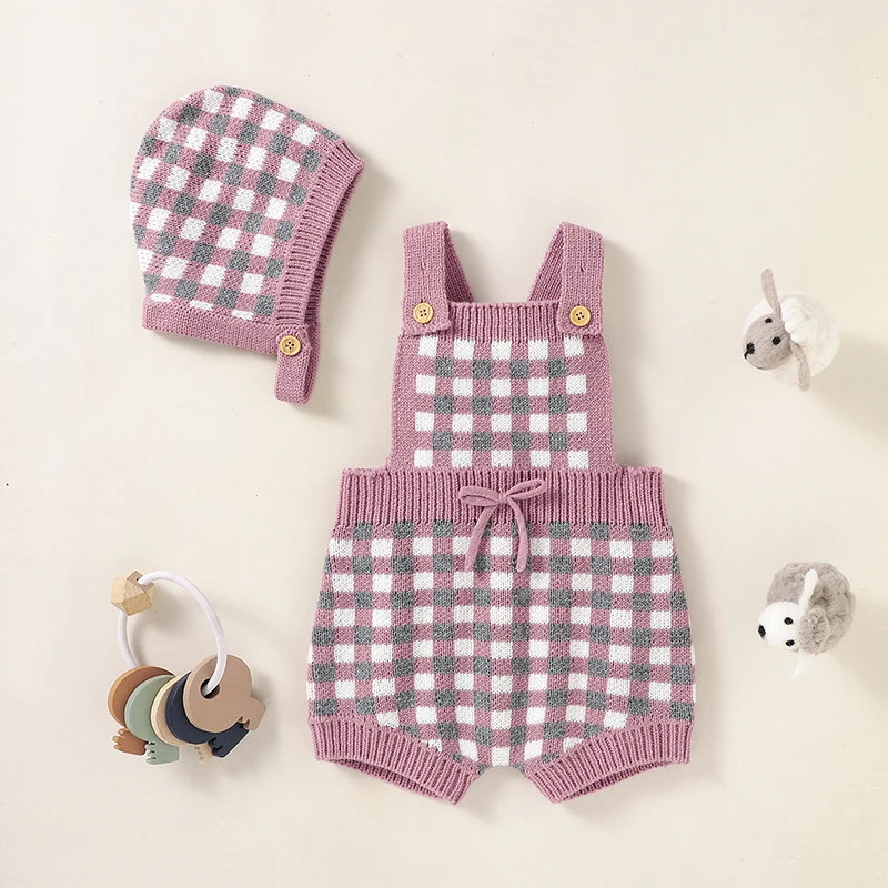 

Baby Romper Plaid Knit Newborn Girl Boy Jumpsuit Outfit 2PC Toddler Infant Sling Clothes Hat Summer Autumn Playsuit 0-18M Onesie