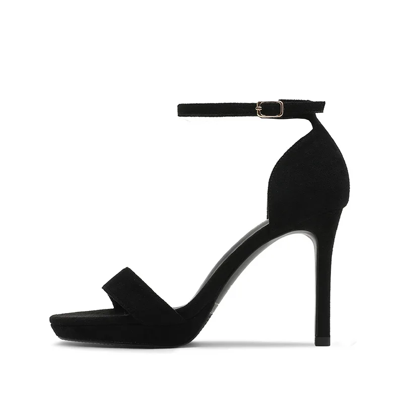 New Fashion Sexy Design Women Line Style Buckle Thin High Heels Black Faux Suede Open Toe Dress Sandals Shoes Zapatos De Mujer