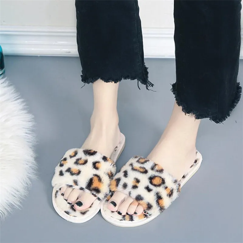 COOTELILI Child Slippers Winter Shoes For Children Home Slippers Faux Fur Slippers Flat Heel Leopard Print Child Shoes 26-41