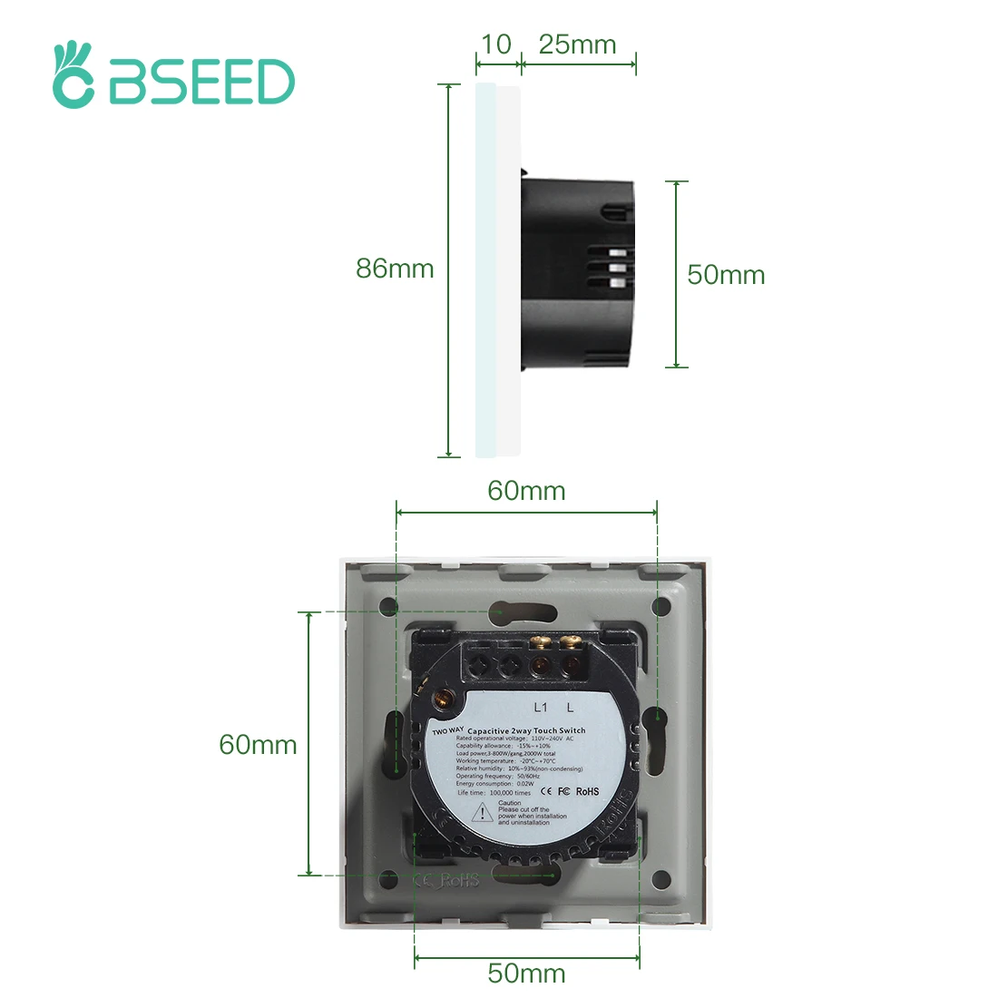 Bseed 2Packs Touch Light Switch 1Gang 2Way Wall Power Switches Light Switches For Stairs Glass Panel Blue Backlight 240V