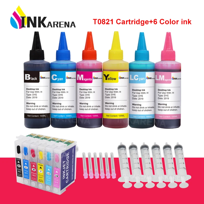 

INKARENA T0821 Refillable Ink Cartridges Compatible For Epson Stylus Photo T50 R290 R295 R390 RX590 + 6×100ml Printer Ink