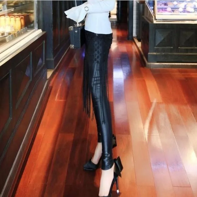 Tassel Leggings Fashion Lift Hips Slimming Lace Fake Two-Piece Bottoming Skort Lady Pu Faux Leather Pants Women's Sheath Pants