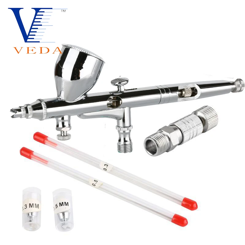 VEDA Airbrush Set with 3 Nozzle (0.3&0.5mm Needles) 0.2mm 9CC Cup Dual-Action Gravity Feed Airbrush With Gas Valve for Makeup