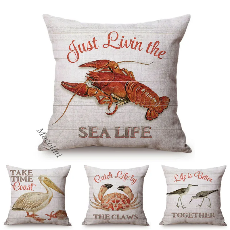 Ocean Animal Pattern Cushion Cover Lobster Crab Letter Printing Home Decoration Bed Sofa Throw Pillow Case Square Cushions Cover