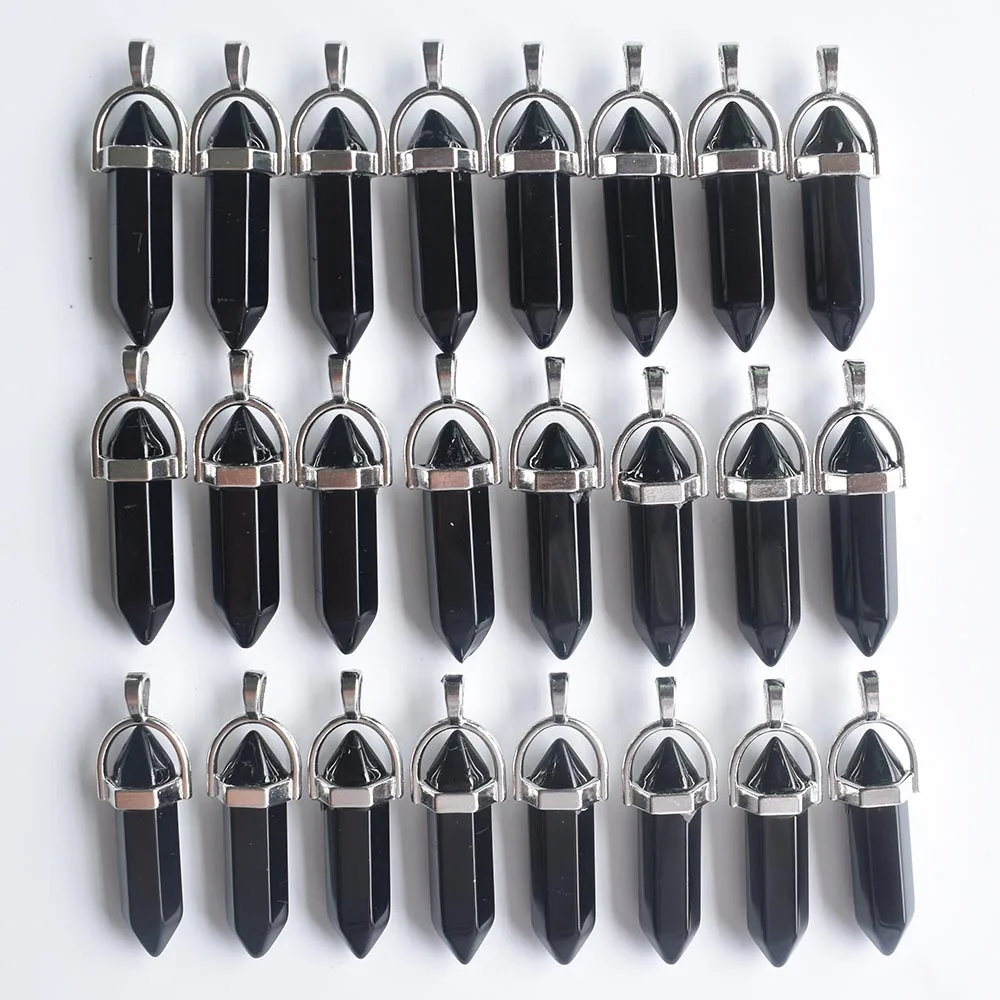 2020 Popular natural black obsidian bullet shape charms point Chakra pendants for jewelry making 24pcs/lot Wholesale free