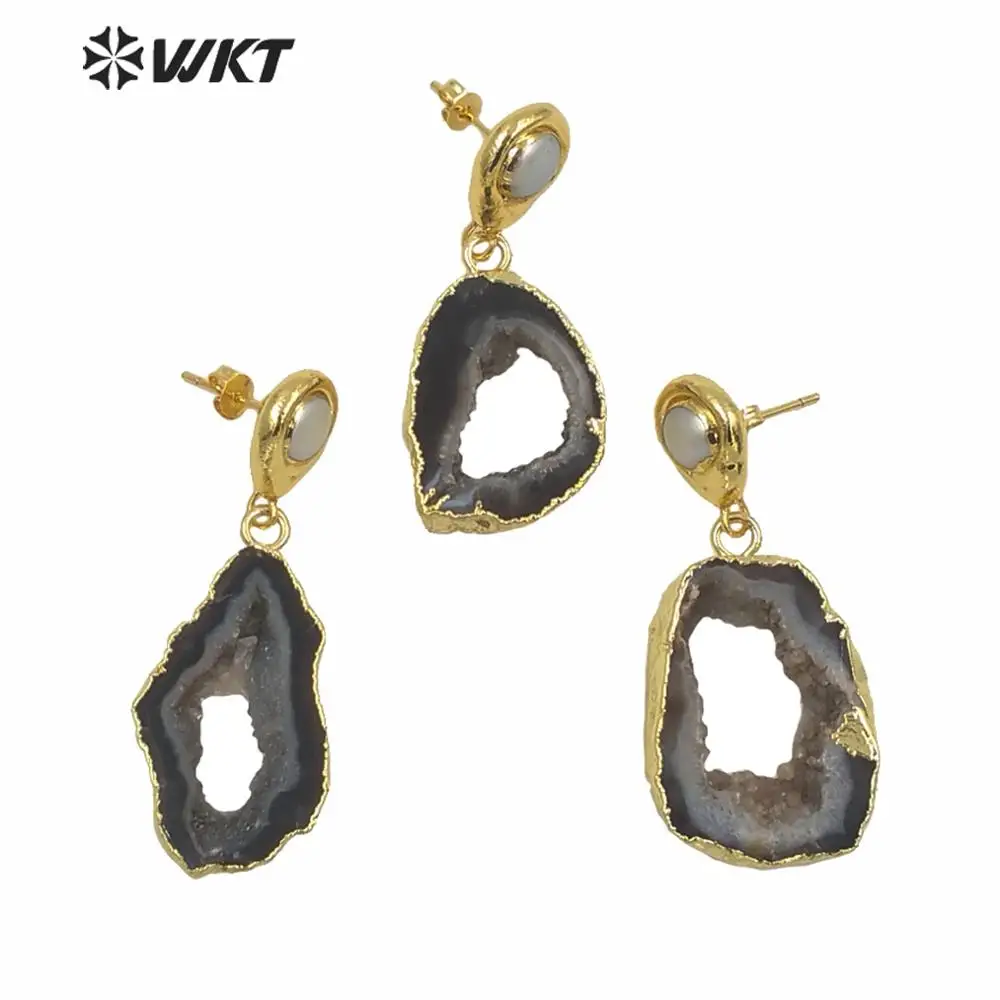 WT-E639 New Natural Black Geode Agates Earrings For Women Fashion Gold Electroplated Real Druzy Stone Dangle ACC With Pearl