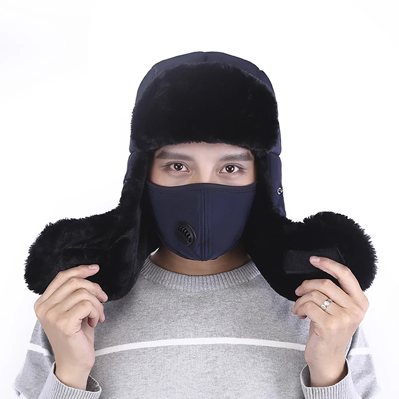 Winter Fur Warm Windproof Hat Men Women Lei Feng Cap Bomber Faux Fur Ear Flap Cap Black Ski Trooper Trapper Cold Anti-snow Cap